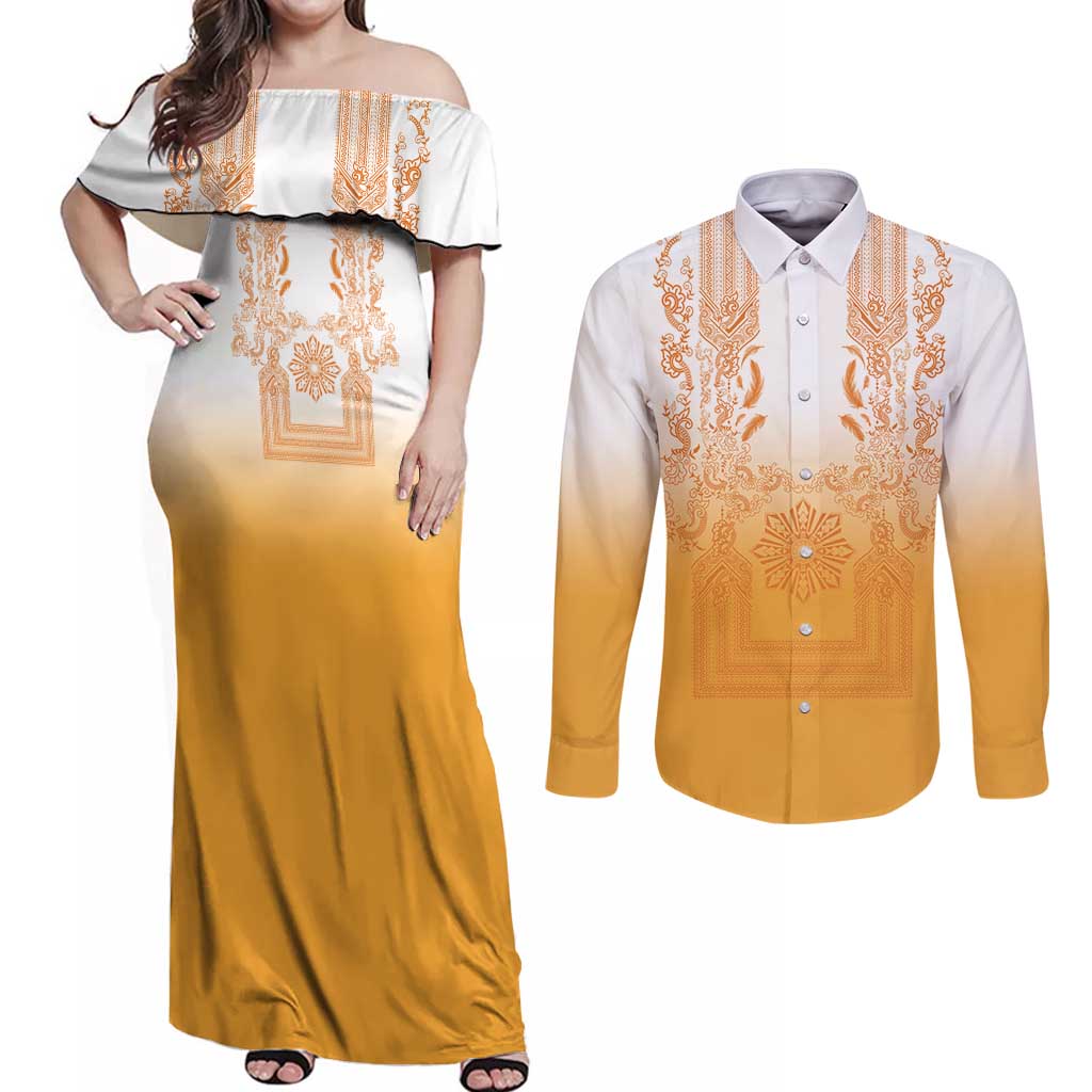 Philippines Barong Style Couples Matching Off Shoulder Maxi Dress and Long Sleeve Button Shirt with Polynesian Art and Leaf Motif Yellow Color