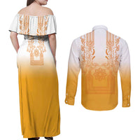 Philippines Barong Style Couples Matching Off Shoulder Maxi Dress and Long Sleeve Button Shirt with Polynesian Art and Leaf Motif Yellow Color LT03 - Polynesian Pride