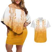 Philippines Barong Style Couples Matching Off Shoulder Short Dress and Hawaiian Shirt with Polynesian Art and Leaf Motif Yellow Color