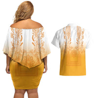 Philippines Barong Style Couples Matching Off Shoulder Short Dress and Hawaiian Shirt with Polynesian Art and Leaf Motif Yellow Color
