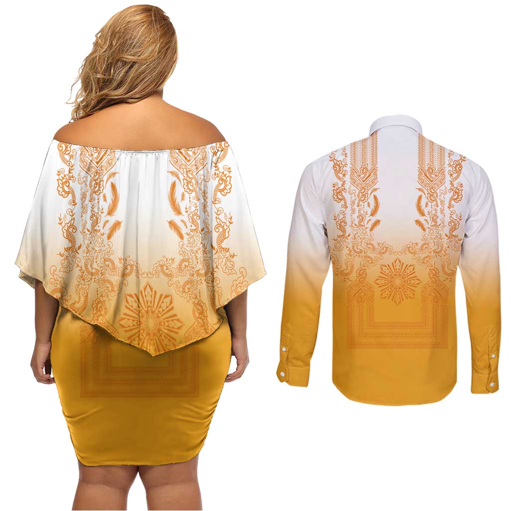 Philippines Barong Style Couples Matching Off Shoulder Short Dress and Long Sleeve Button Shirt with Polynesian Art and Leaf Motif Yellow Color LT03 - Polynesian Pride