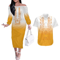 Philippines Barong Style Couples Matching Off The Shoulder Long Sleeve Dress and Hawaiian Shirt with Polynesian Art and Leaf Motif Yellow Color