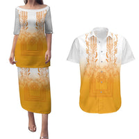 Philippines Barong Style Couples Matching Puletasi and Hawaiian Shirt with Polynesian Art and Leaf Motif Yellow Color LT03 Yellow - Polynesian Pride