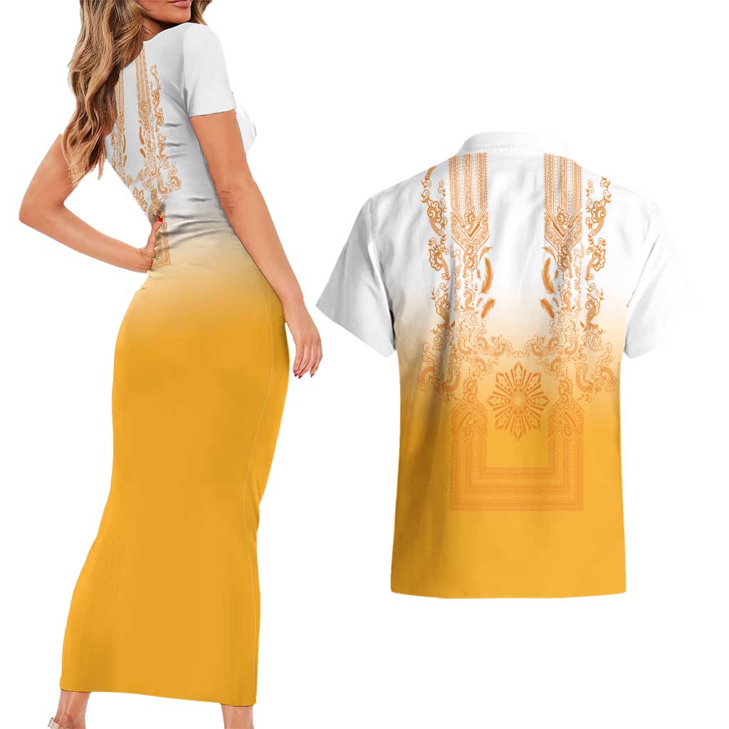 Philippines Barong Style Couples Matching Short Sleeve Bodycon Dress and Hawaiian Shirt with Polynesian Art and Leaf Motif Yellow Color