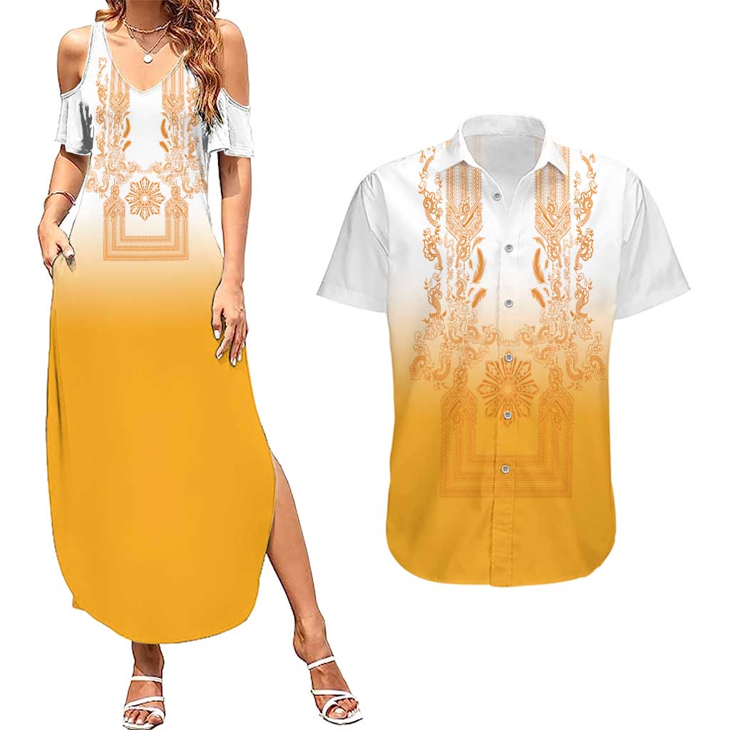 Philippines Barong Style Couples Matching Summer Maxi Dress and Hawaiian Shirt with Polynesian Art and Leaf Motif Yellow Color