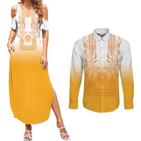 Philippines Barong Style Couples Matching Summer Maxi Dress and Long Sleeve Button Shirt with Polynesian Art and Leaf Motif Yellow Color LT03 Yellow - Polynesian Pride
