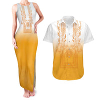 Philippines Barong Style Couples Matching Tank Maxi Dress and Hawaiian Shirt with Polynesian Art and Leaf Motif Yellow Color