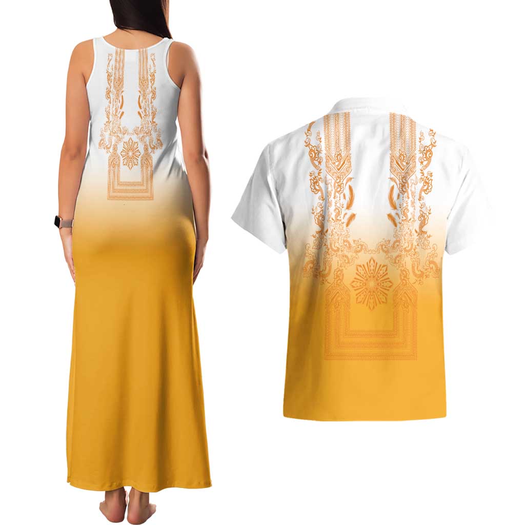 Philippines Barong Style Couples Matching Tank Maxi Dress and Hawaiian Shirt with Polynesian Art and Leaf Motif Yellow Color