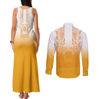 Philippines Barong Style Couples Matching Tank Maxi Dress and Long Sleeve Button Shirt with Polynesian Art and Leaf Motif Yellow Color LT03 - Polynesian Pride