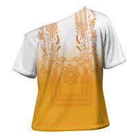 Philippines Barong Style Cross Shoulder Shirt with Polynesian Art and Leaf Motif Yellow Color