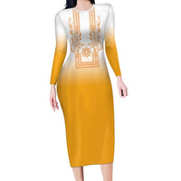 Philippines Barong Style Family Matching Long Sleeve Bodycon Dress and Hawaiian Shirt with Polynesian Art and Leaf Motif Yellow Color LT03 Mom's Dress Yellow - Polynesian Pride