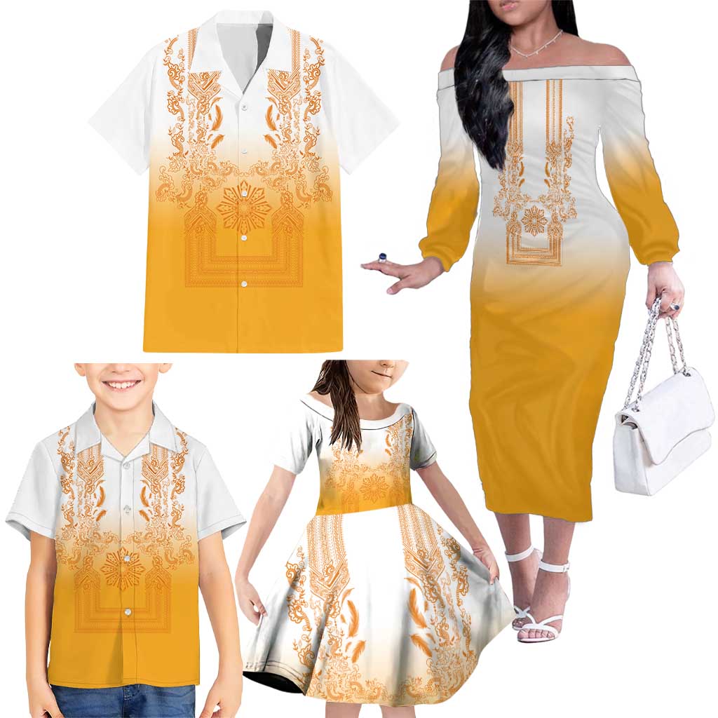 Philippines Barong Style Family Matching Off The Shoulder Long Sleeve Dress and Hawaiian Shirt with Polynesian Art and Leaf Motif Yellow Color LT03 - Polynesian Pride