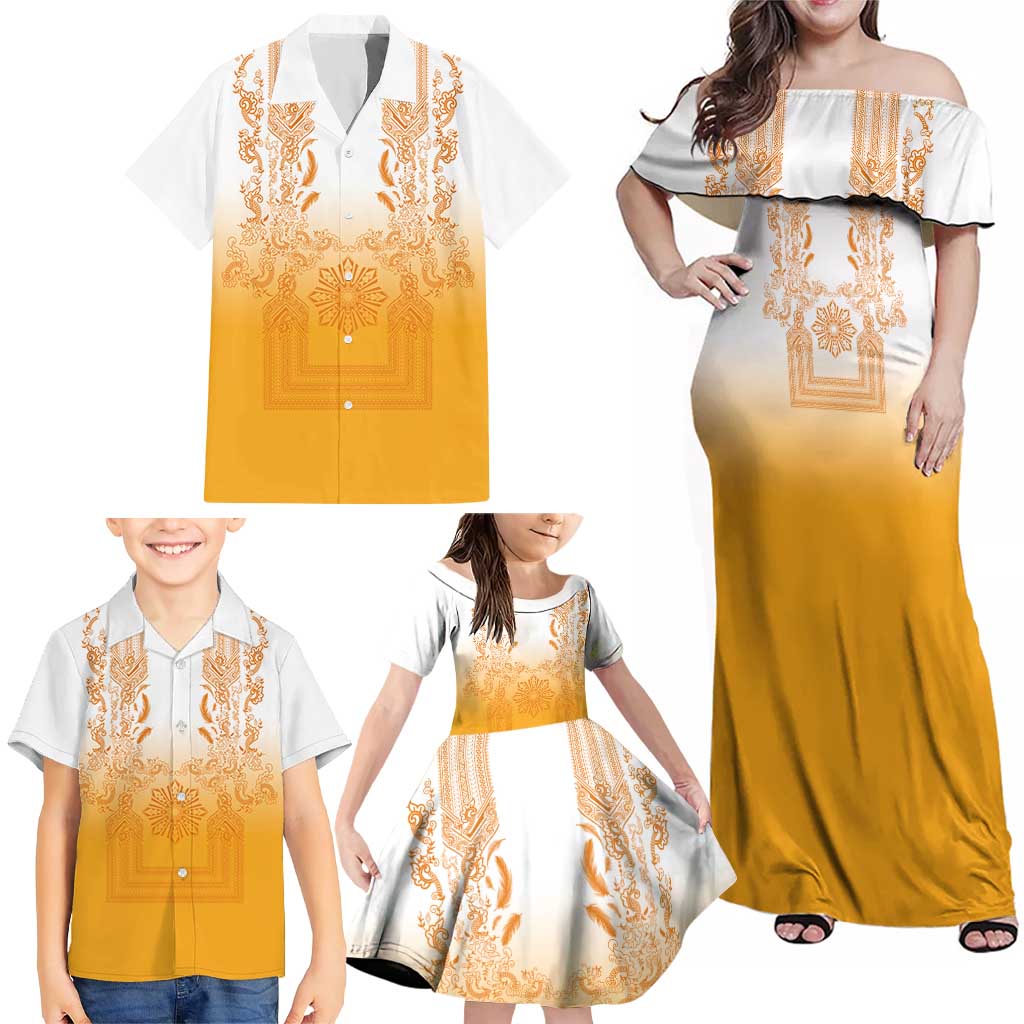 Philippines Barong Style Family Matching Off Shoulder Maxi Dress and Hawaiian Shirt with Polynesian Art and Leaf Motif Yellow Color LT03 - Polynesian Pride