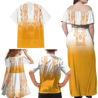 Philippines Barong Style Family Matching Off Shoulder Maxi Dress and Hawaiian Shirt with Polynesian Art and Leaf Motif Yellow Color LT03 - Polynesian Pride