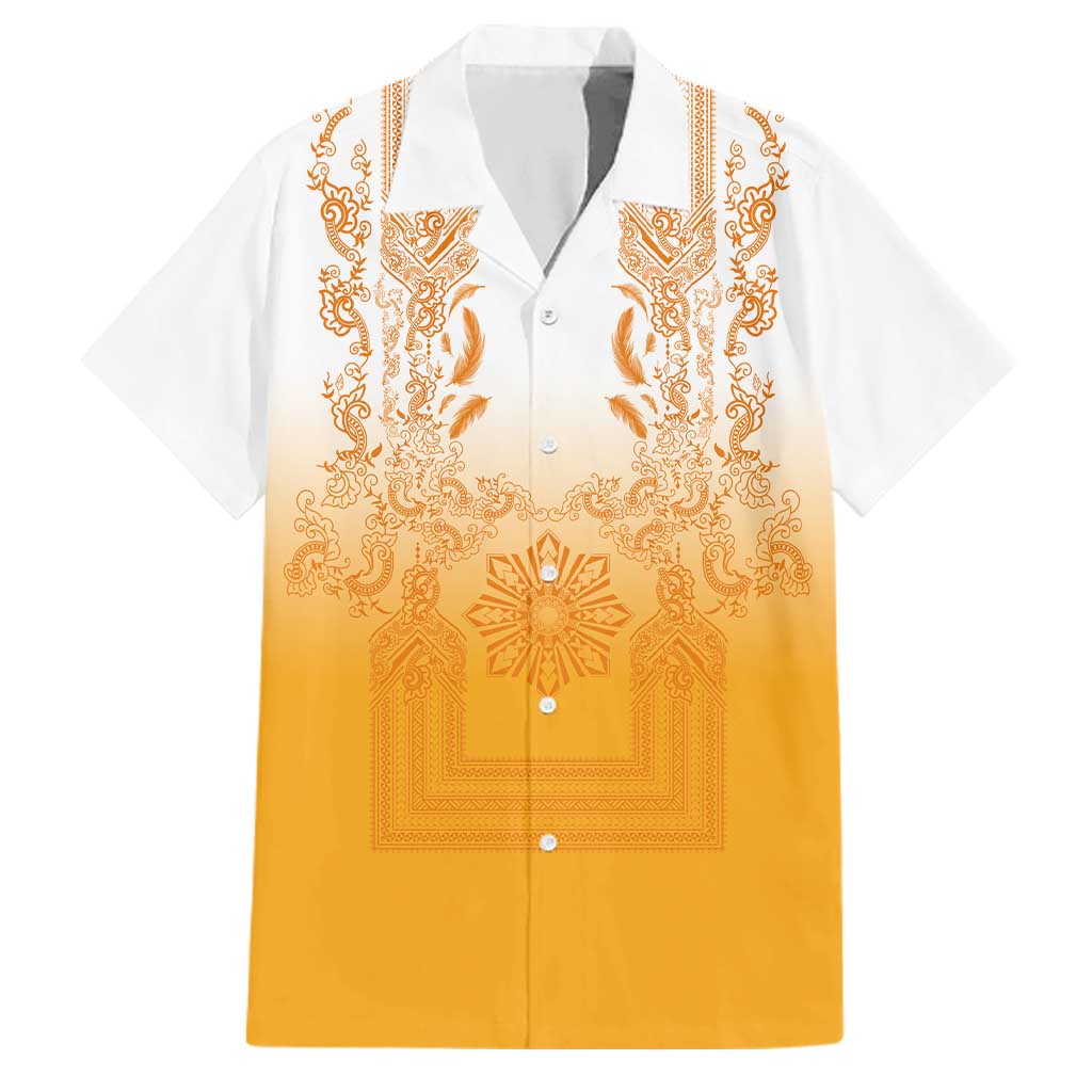 Philippines Barong Style Family Matching Off Shoulder Short Dress and Hawaiian Shirt with Polynesian Art and Leaf Motif Yellow Color LT03 Dad's Shirt - Short Sleeve Yellow - Polynesian Pride