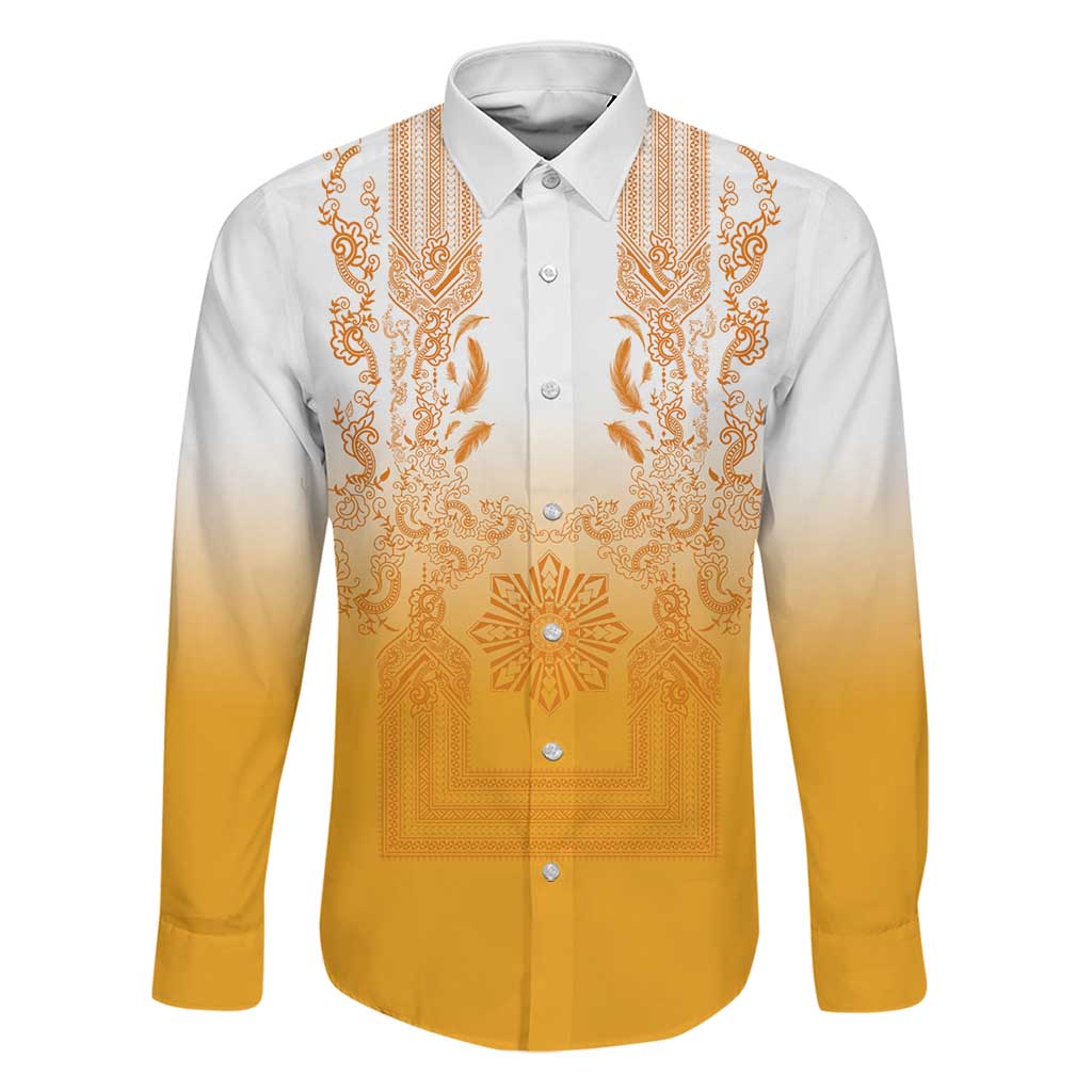 Philippines Barong Style Family Matching Off Shoulder Short Dress and Hawaiian Shirt with Polynesian Art and Leaf Motif Yellow Color LT03 Dad's Shirt - Long Sleeve Yellow - Polynesian Pride