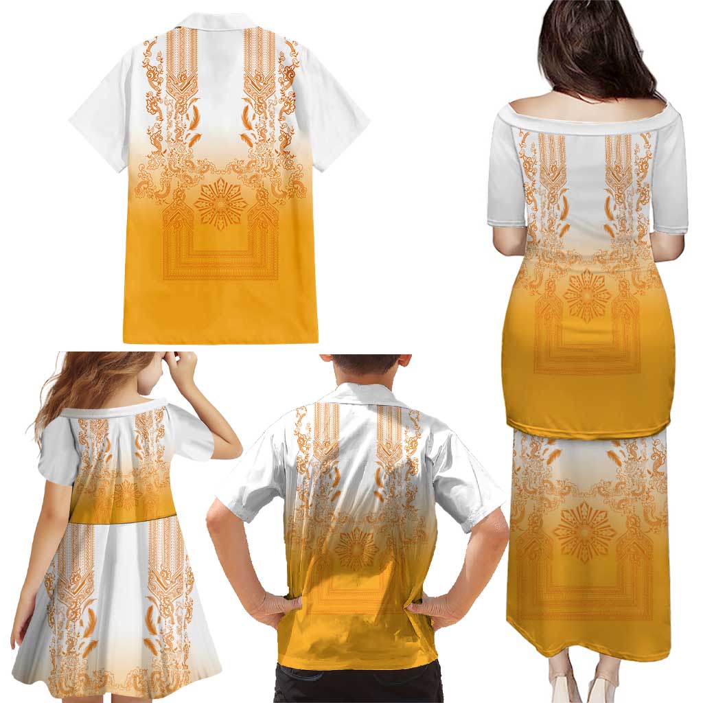 Philippines Barong Style Family Matching Puletasi and Hawaiian Shirt with Polynesian Art and Leaf Motif Yellow Color