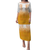 Philippines Barong Style Family Matching Puletasi and Hawaiian Shirt with Polynesian Art and Leaf Motif Yellow Color