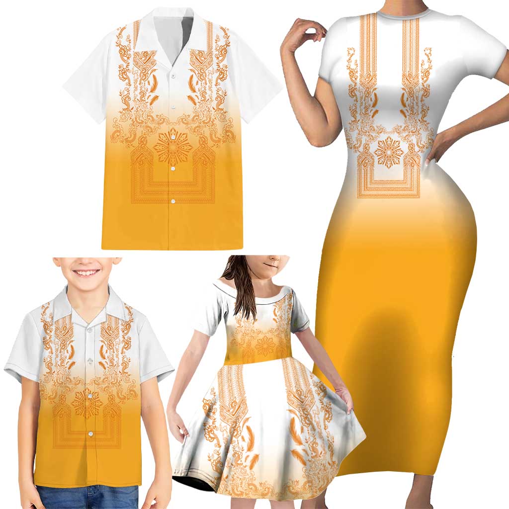 Philippines Barong Style Family Matching Short Sleeve Bodycon Dress and Hawaiian Shirt with Polynesian Art and Leaf Motif Yellow Color LT03 - Polynesian Pride