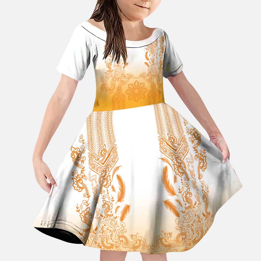 Philippines Barong Style Family Matching Summer Maxi Dress and Hawaiian Shirt with Polynesian Art and Leaf Motif Yellow Color LT03 Daughter's Dress Yellow - Polynesian Pride