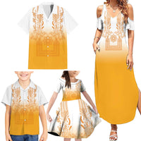 Philippines Barong Style Family Matching Summer Maxi Dress and Hawaiian Shirt with Polynesian Art and Leaf Motif Yellow Color LT03 - Polynesian Pride