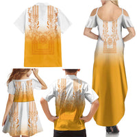 Philippines Barong Style Family Matching Summer Maxi Dress and Hawaiian Shirt with Polynesian Art and Leaf Motif Yellow Color LT03 - Polynesian Pride