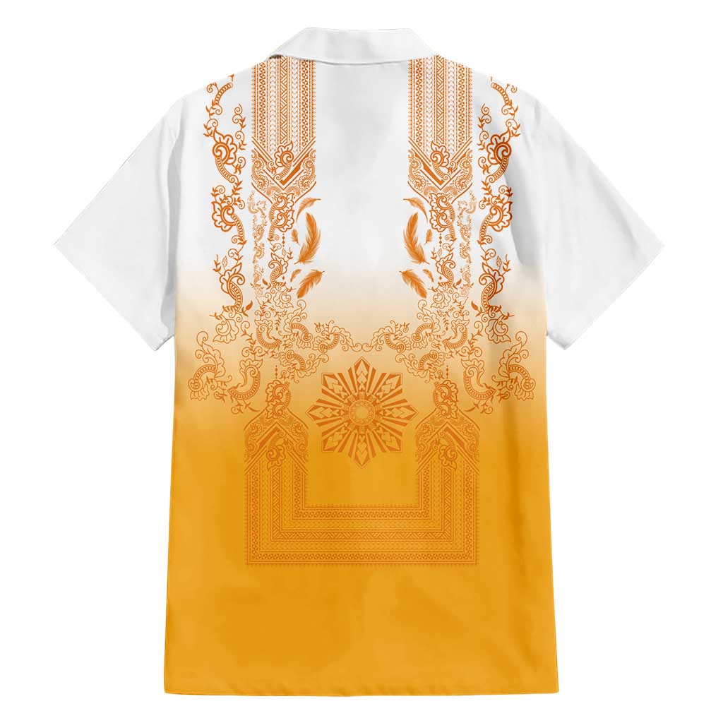 Philippines Barong Style Family Matching Summer Maxi Dress and Hawaiian Shirt with Polynesian Art and Leaf Motif Yellow Color LT03 - Polynesian Pride