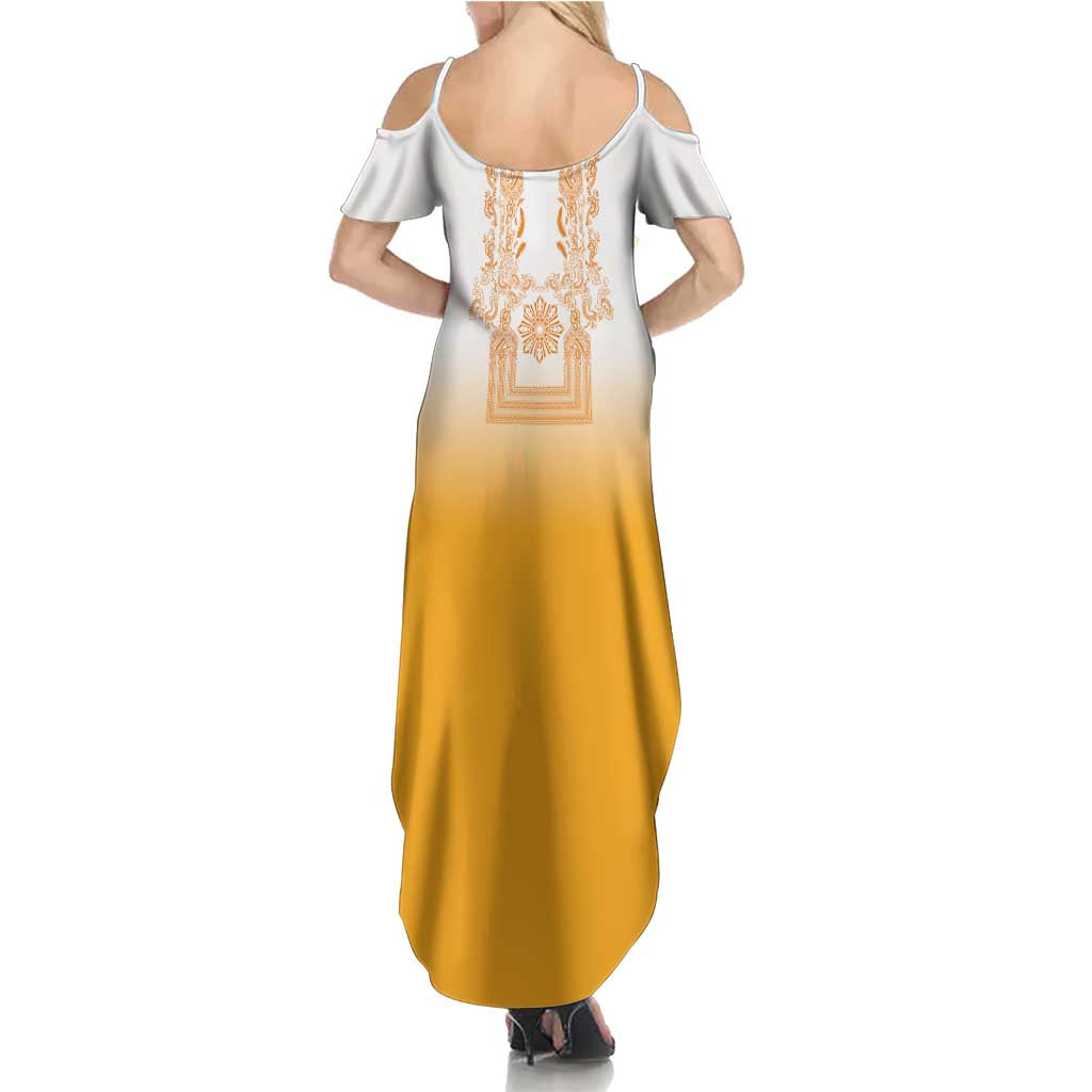 Philippines Barong Style Family Matching Summer Maxi Dress and Hawaiian Shirt with Polynesian Art and Leaf Motif Yellow Color LT03 - Polynesian Pride