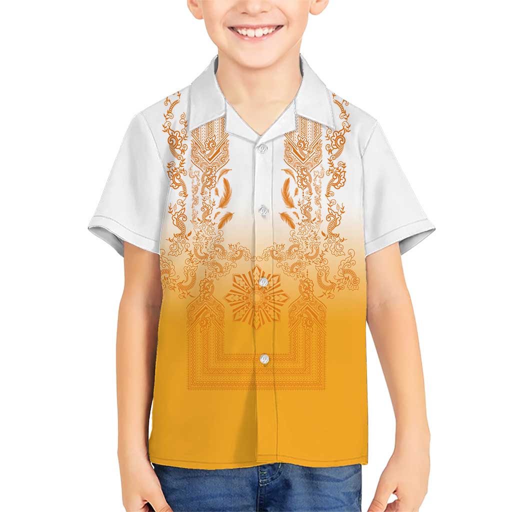 Philippines Barong Style Family Matching Tank Maxi Dress and Hawaiian Shirt with Polynesian Art and Leaf Motif Yellow Color LT03 Son's Shirt Yellow - Polynesian Pride