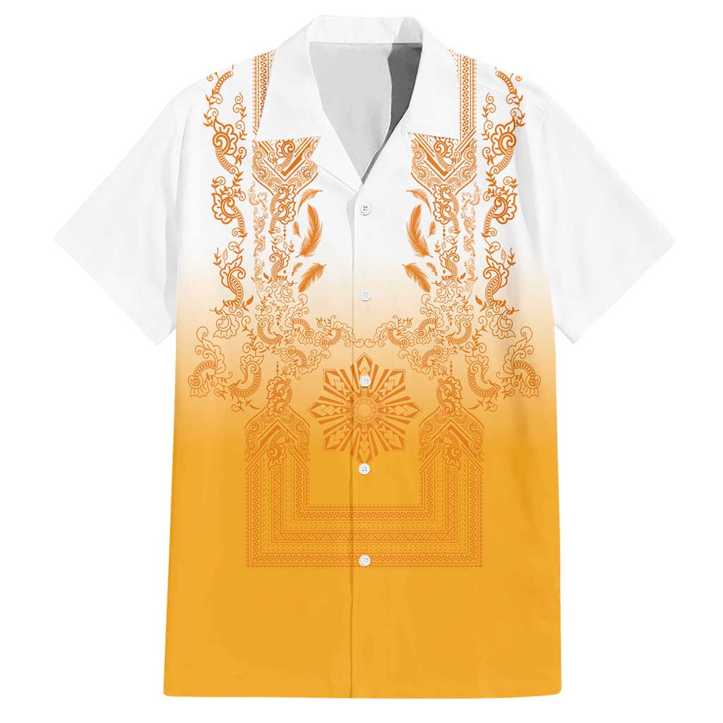 Philippines Barong Style Hawaiian Shirt with Polynesian Art and Leaf Motif Yellow Color