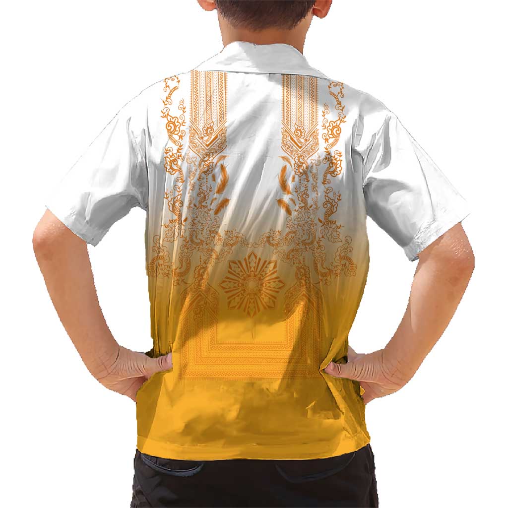 Philippines Barong Style Hawaiian Shirt with Polynesian Art and Leaf Motif Yellow Color