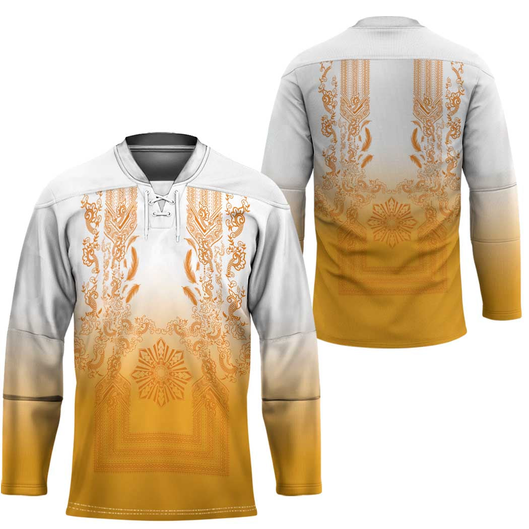 Philippines Barong Style Hockey Jersey with Polynesian Art and Leaf Motif Yellow Color