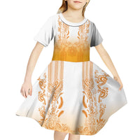 Philippines Barong Style Kid Short Sleeve Dress with Polynesian Art and Leaf Motif Yellow Color LT03 - Polynesian Pride