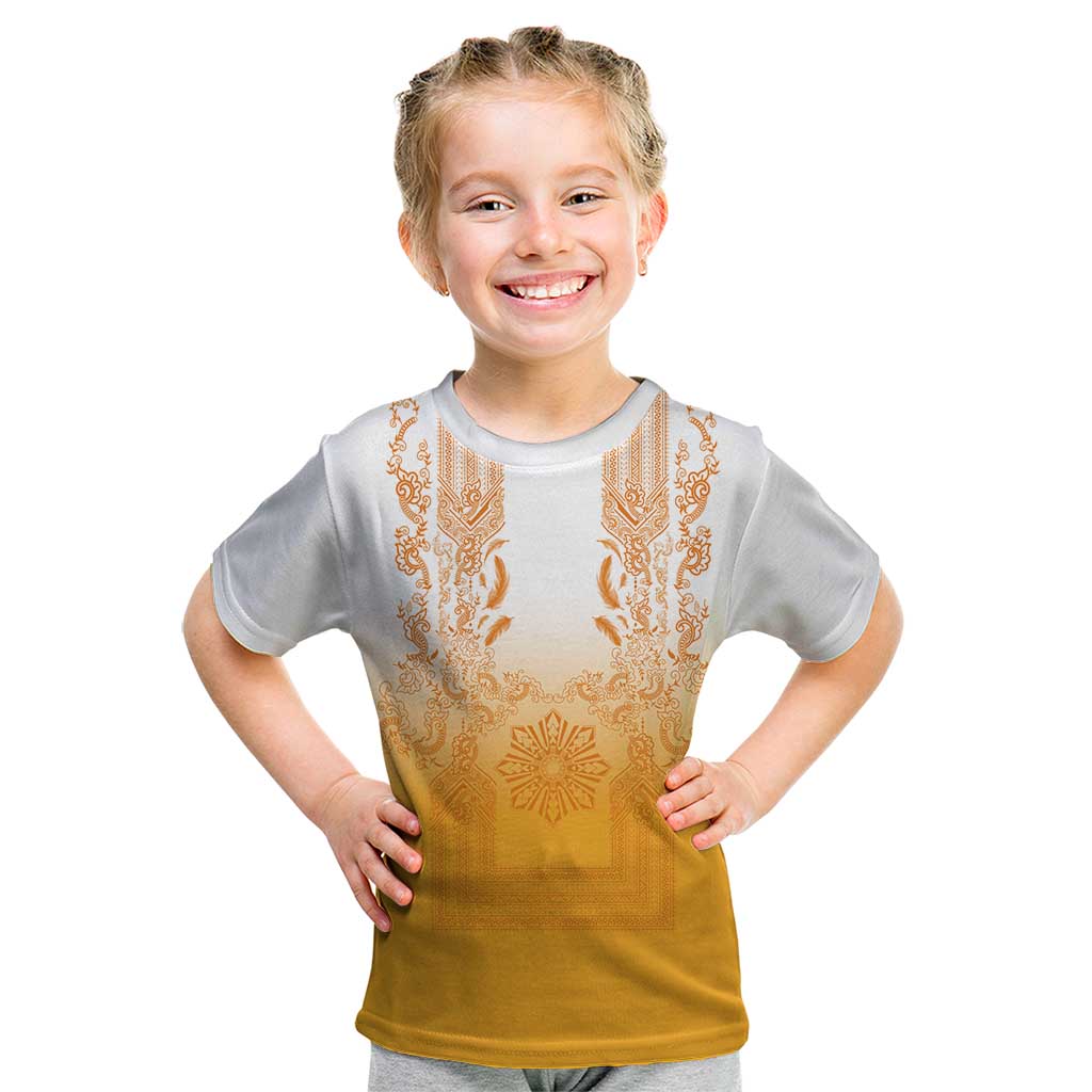 Philippines Barong Style Kid T Shirt with Polynesian Art and Leaf Motif Yellow Color