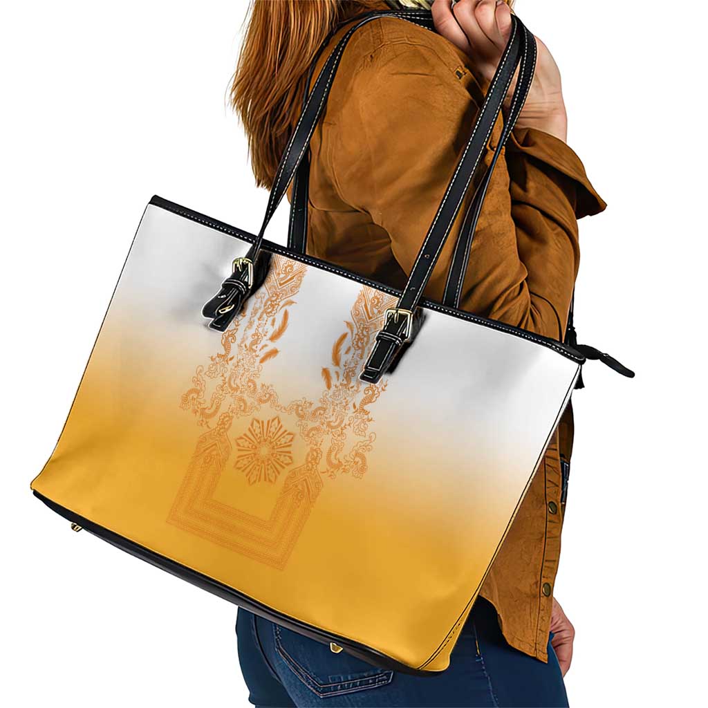 Philippines Barong Style Leather Tote Bag with Polynesian Art and Leaf Motif Yellow Color