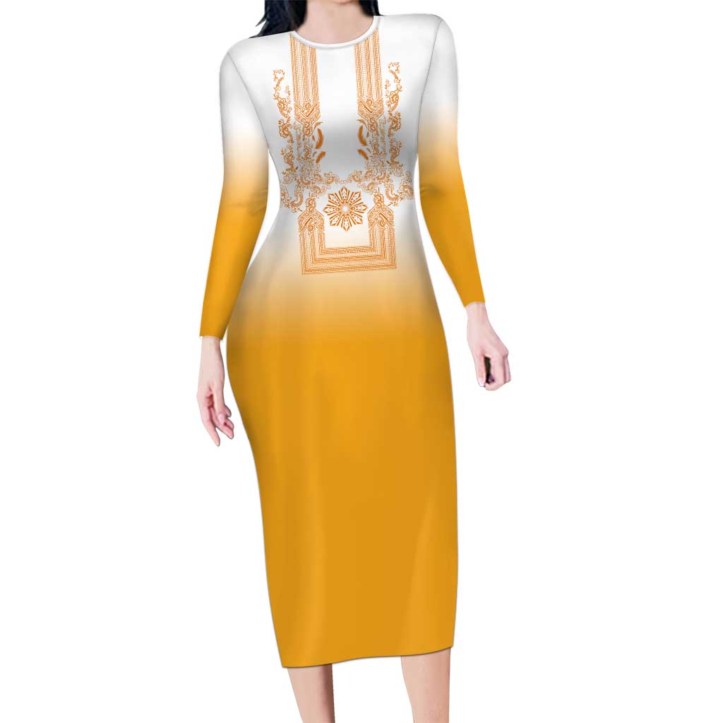 Philippines Barong Style Long Sleeve Bodycon Dress with Polynesian Art and Leaf Motif Yellow Color
