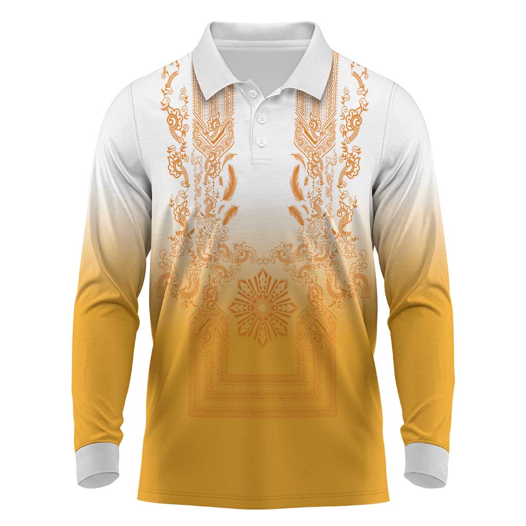 Philippines Barong Style Long Sleeve Polo Shirt with Polynesian Art and Leaf Motif Yellow Color LT03 Yellow - Polynesian Pride