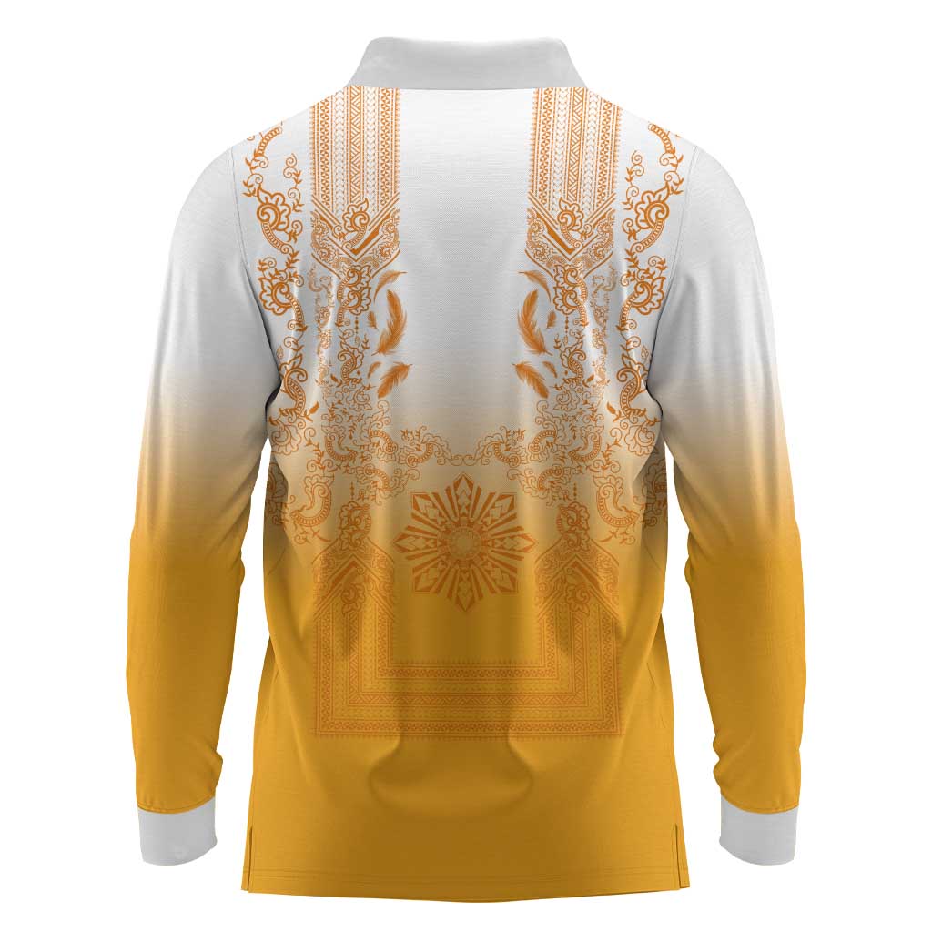 Philippines Barong Style Long Sleeve Polo Shirt with Polynesian Art and Leaf Motif Yellow Color LT03 - Polynesian Pride