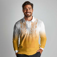 Philippines Barong Style Long Sleeve Polo Shirt with Polynesian Art and Leaf Motif Yellow Color LT03 - Polynesian Pride