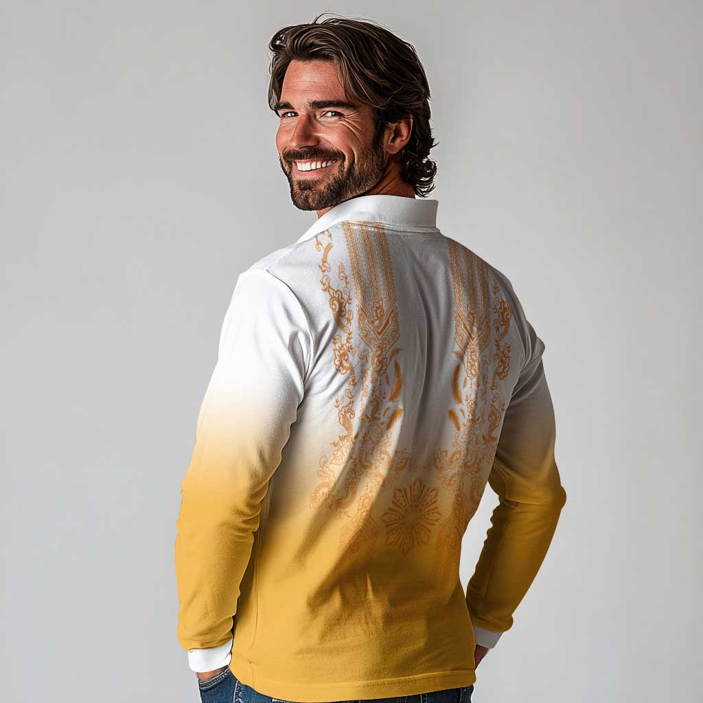 Philippines Barong Style Long Sleeve Polo Shirt with Polynesian Art and Leaf Motif Yellow Color LT03 - Polynesian Pride