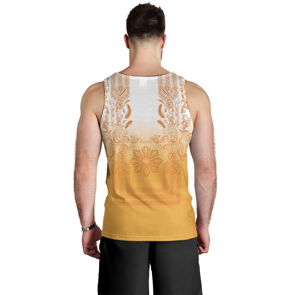 Philippines Barong Style Men Tank Top with Polynesian Art and Leaf Motif Yellow Color