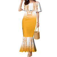 Philippines Barong Style Mermaid Dress with Polynesian Art and Leaf Motif Yellow Color LT03 Women Yellow - Polynesian Pride