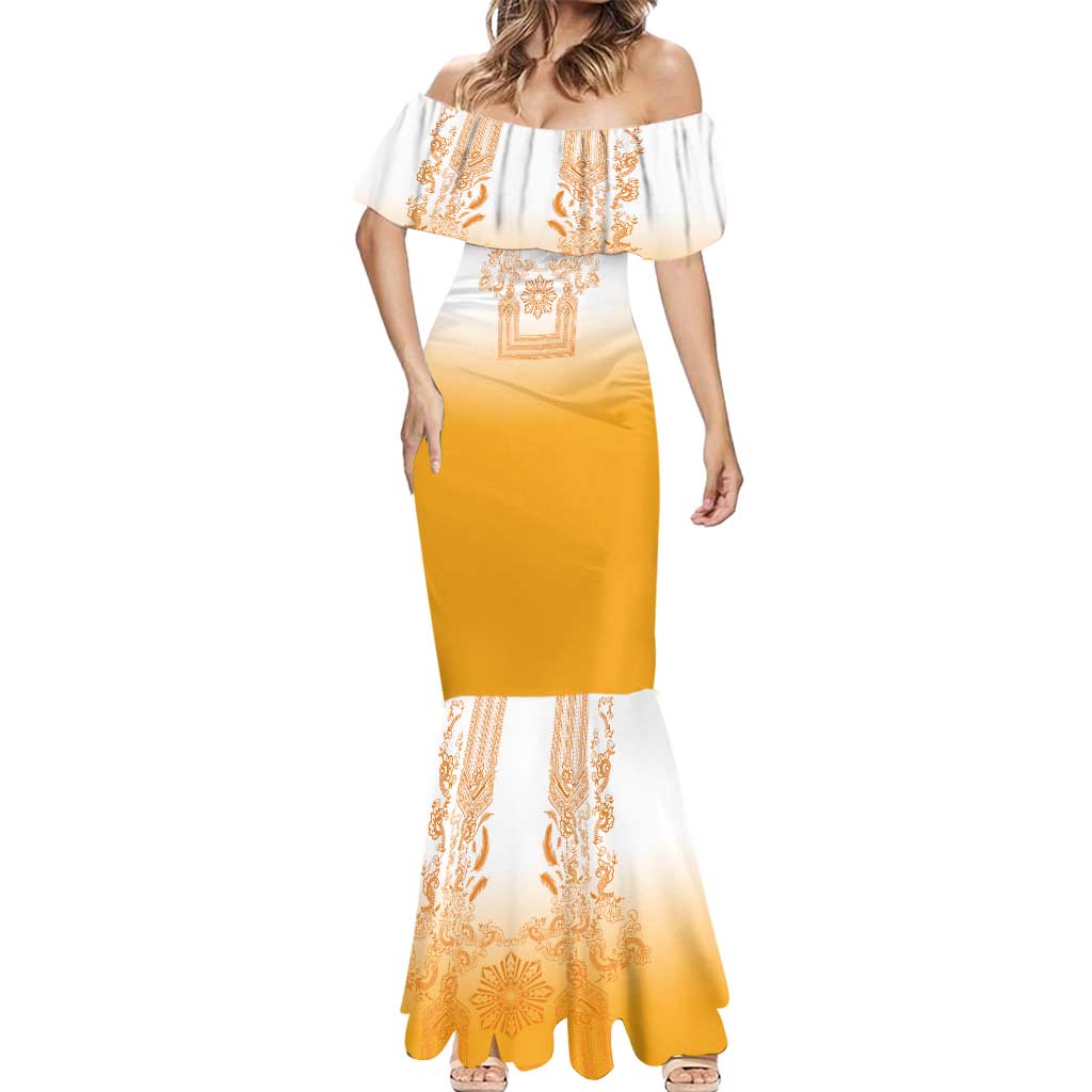 Philippines Barong Style Mermaid Dress with Polynesian Art and Leaf Motif Yellow Color LT03 - Polynesian Pride