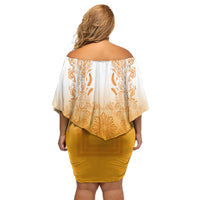 Philippines Barong Style Off Shoulder Short Dress with Polynesian Art and Leaf Motif Yellow Color
