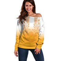 Philippines Barong Style Off Shoulder Sweater with Polynesian Art and Leaf Motif Yellow Color LT03 Women Yellow - Polynesian Pride