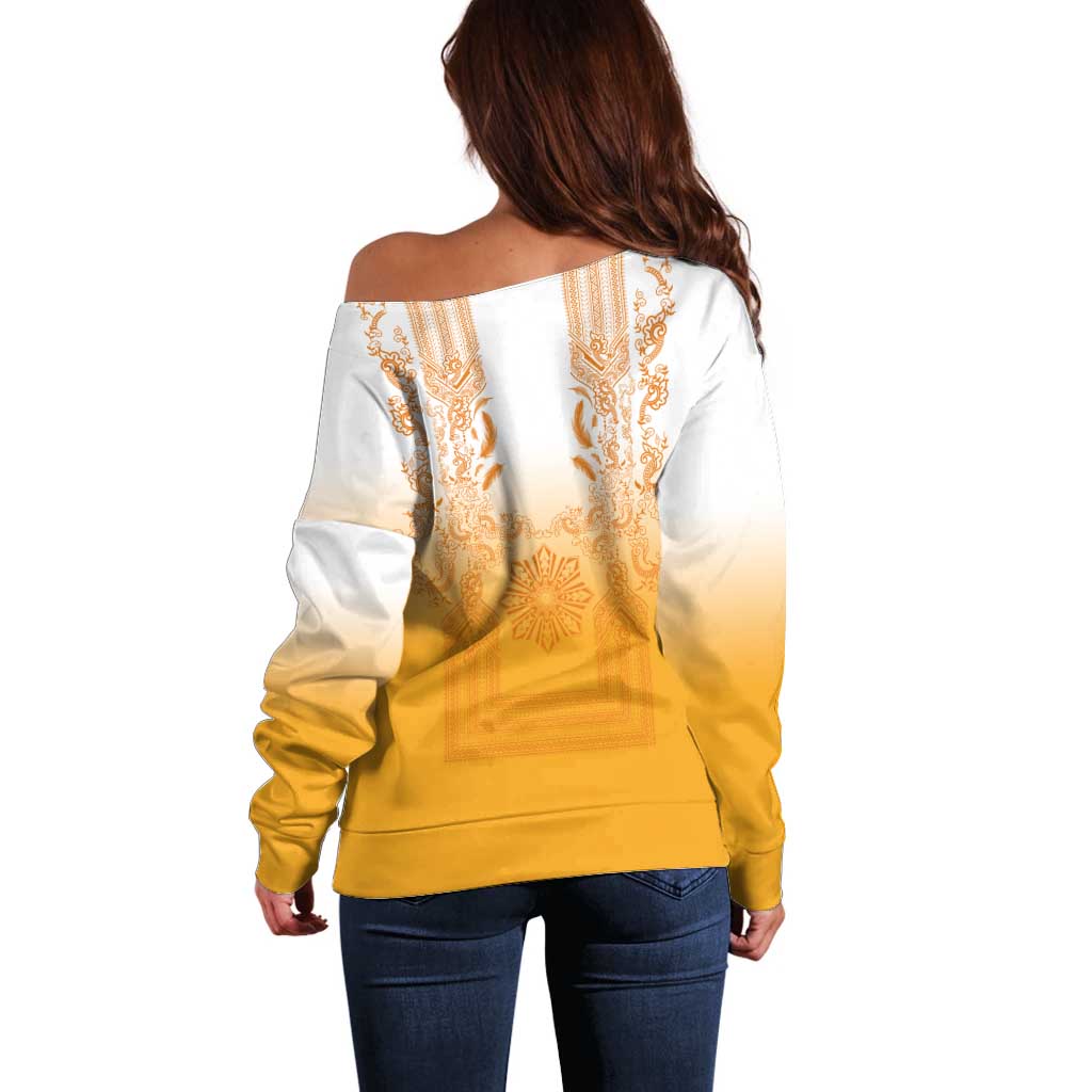Philippines Barong Style Off Shoulder Sweater with Polynesian Art and Leaf Motif Yellow Color LT03 - Polynesian Pride