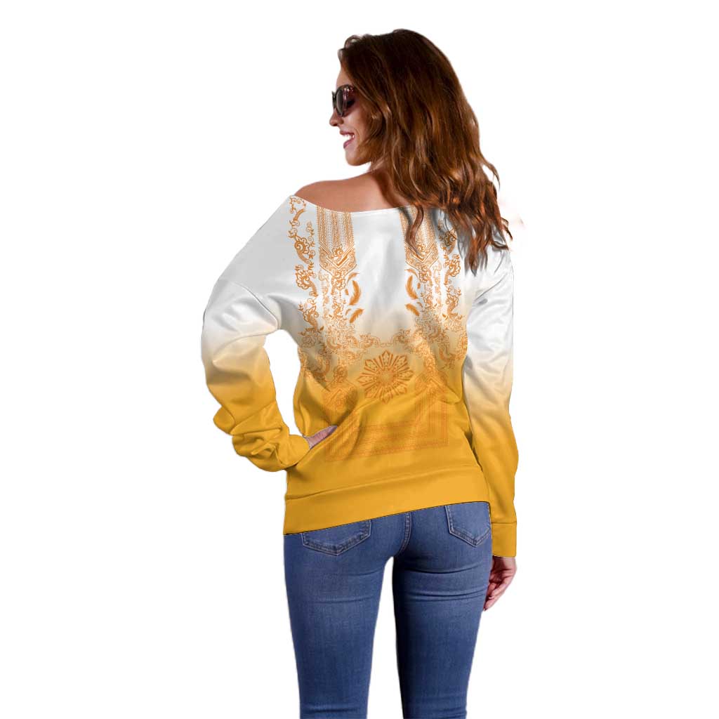 Philippines Barong Style Off Shoulder Sweater with Polynesian Art and Leaf Motif Yellow Color LT03 - Polynesian Pride