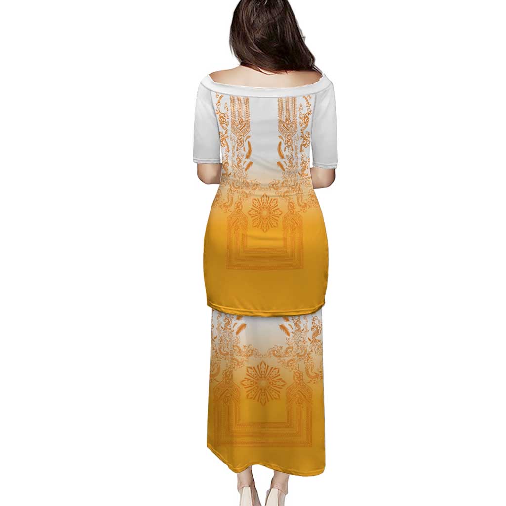 Philippines Barong Style Puletasi with Polynesian Art and Leaf Motif Yellow Color