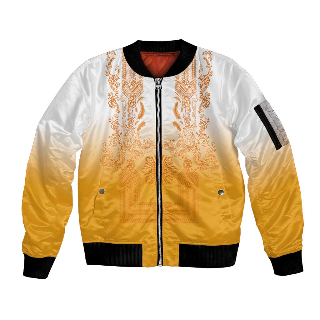Philippines Barong Style Sleeve Zip Bomber Jacket with Polynesian Art and Leaf Motif Yellow Color LT03 Unisex Yellow - Polynesian Pride