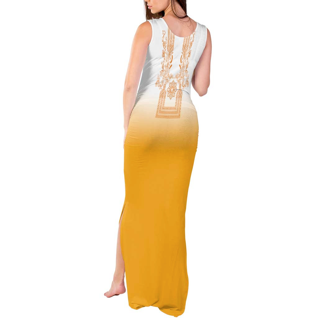 Philippines Barong Style Tank Maxi Dress with Polynesian Art and Leaf Motif Yellow Color